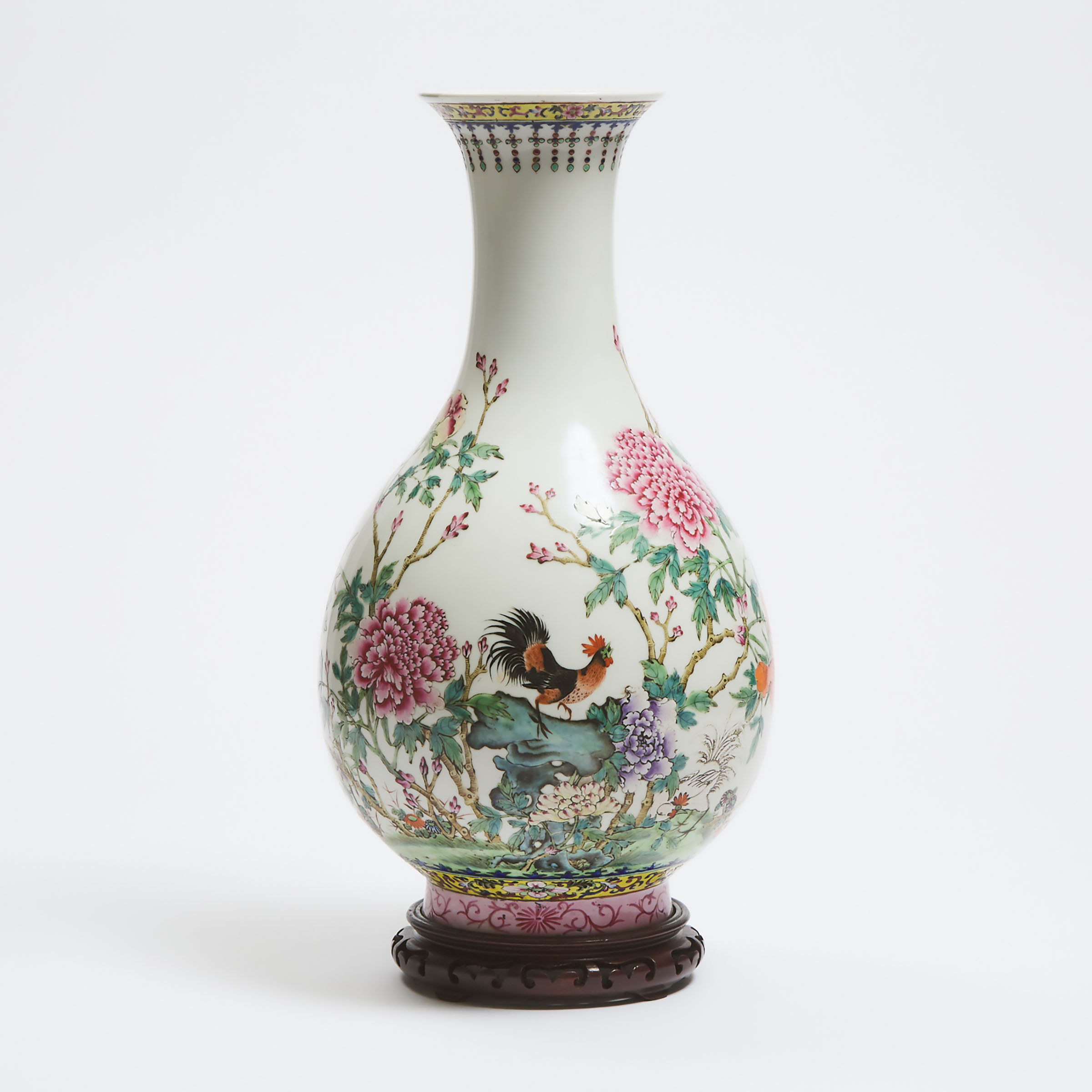 A Famille Rose 'Rooster and Peonies' Vase, Mid 20th Century