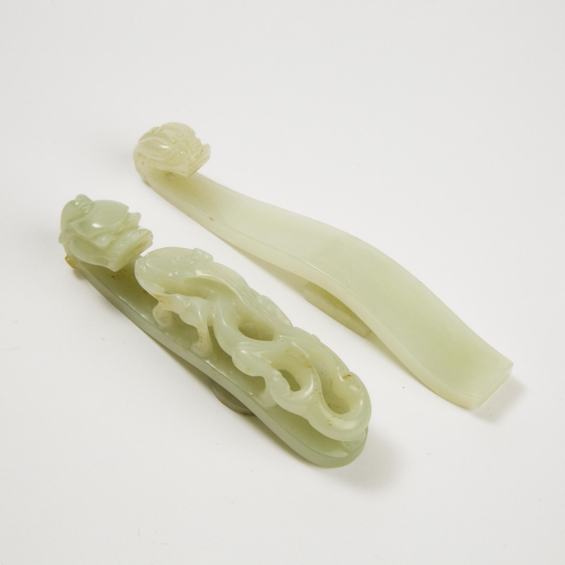Two White Jade Belt Hooks, Qing Dynasty