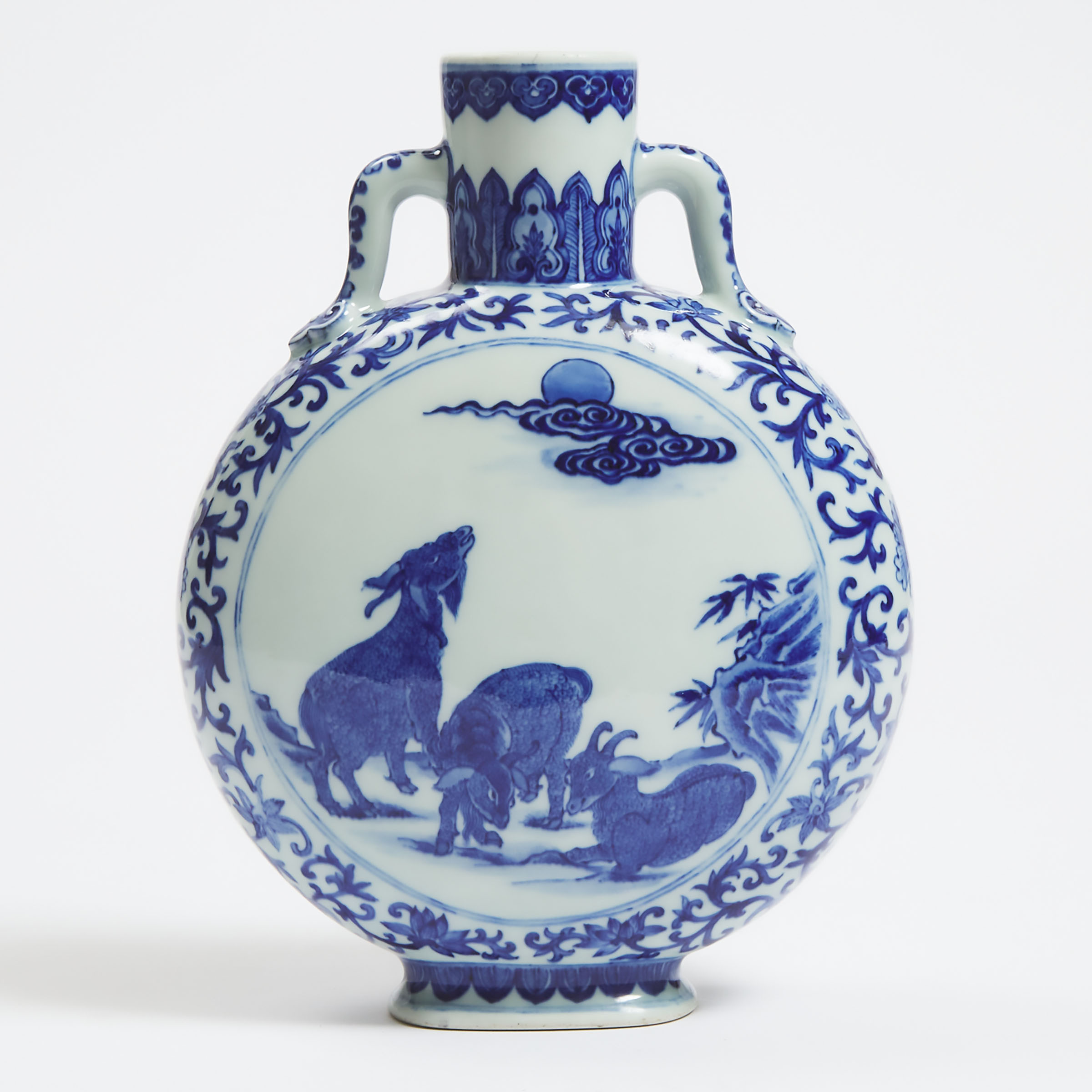 A Blue and White 'Three Rams' Moonflask, 18th Century