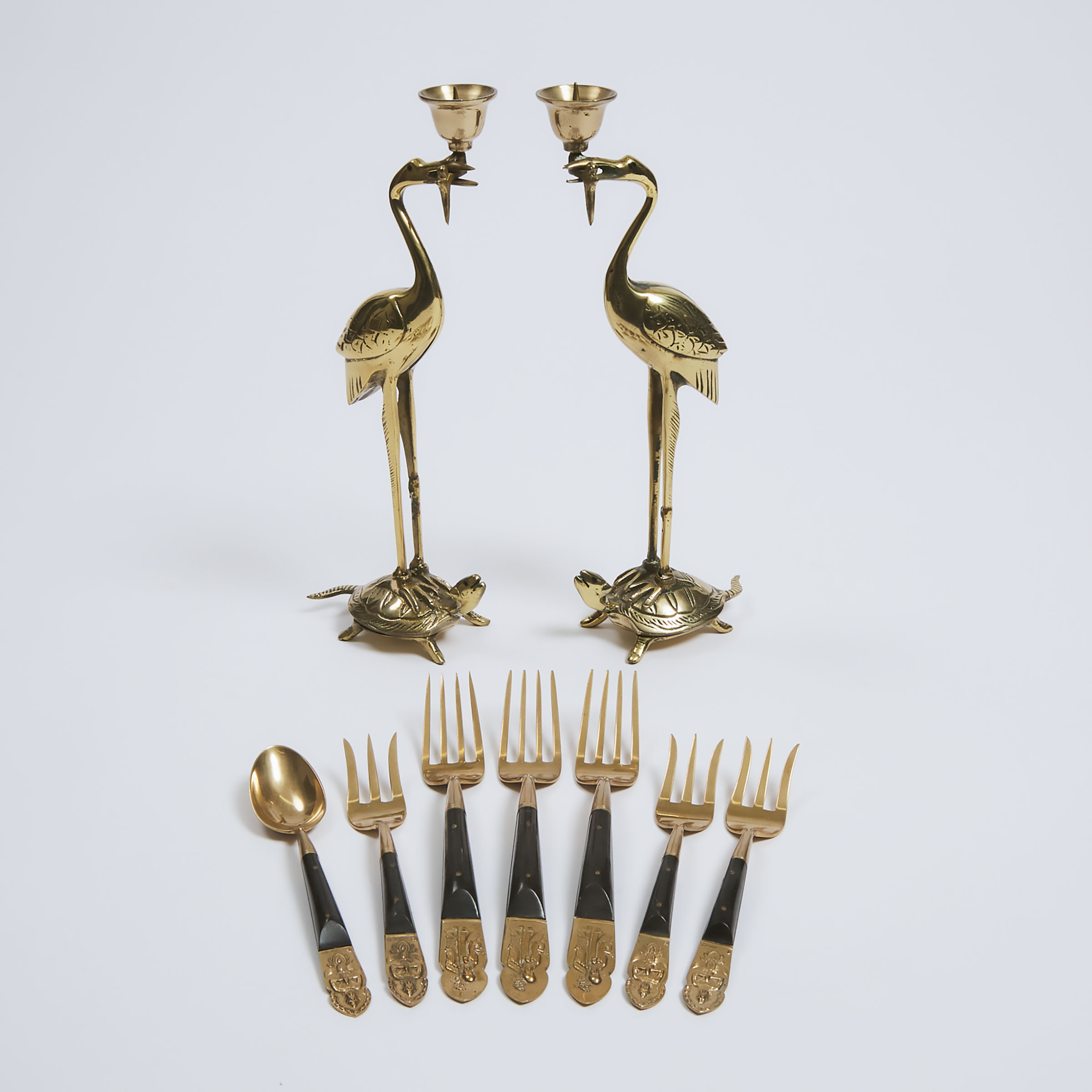 A Pair of Brass 'Longevity' Crane Candle Holders, Together With a Set of Gold-Plated and Horn-Inlaid Utensils, 20th Century 