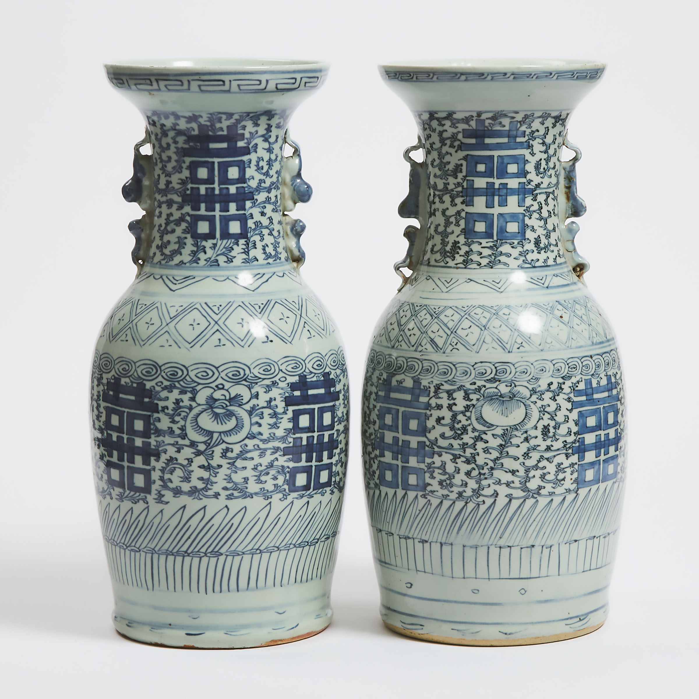 A Pair of Blue and White 'Double Happiness' Vases, 19th Century
