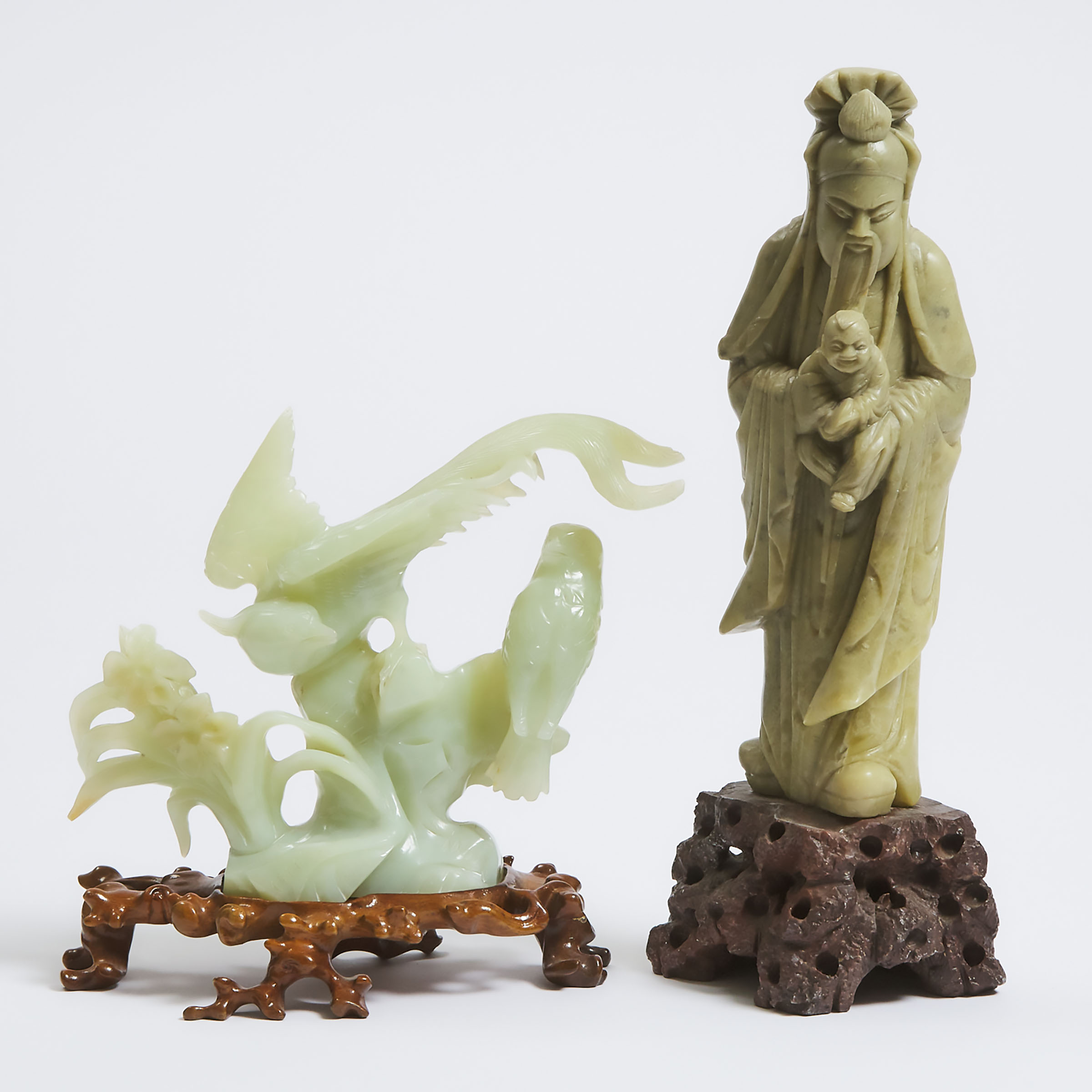A Soapstone Figure of Fuxing, Together With a Bowenite Carving of Birds