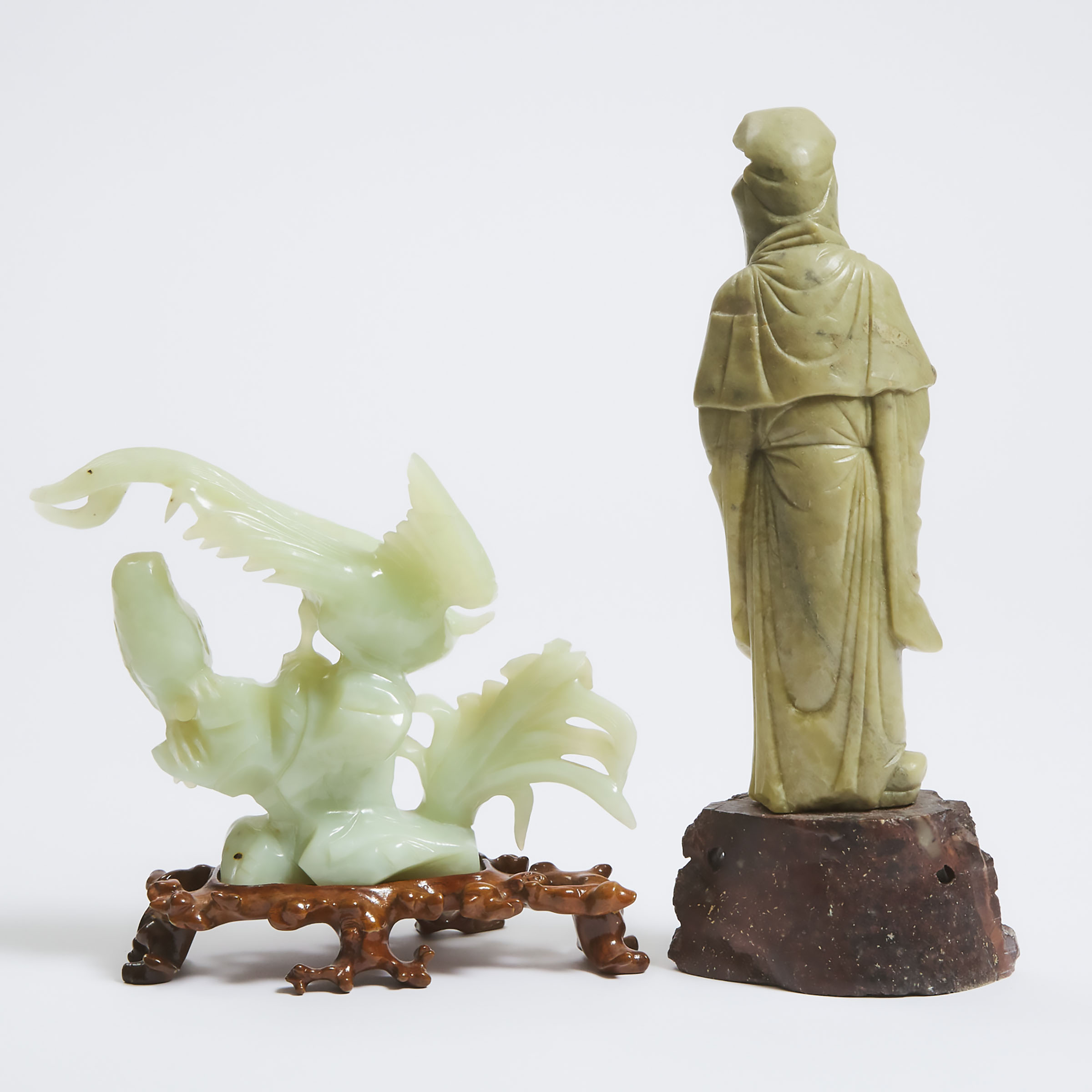 A Soapstone Figure of Fuxing, Together With a Bowenite Carving of Birds