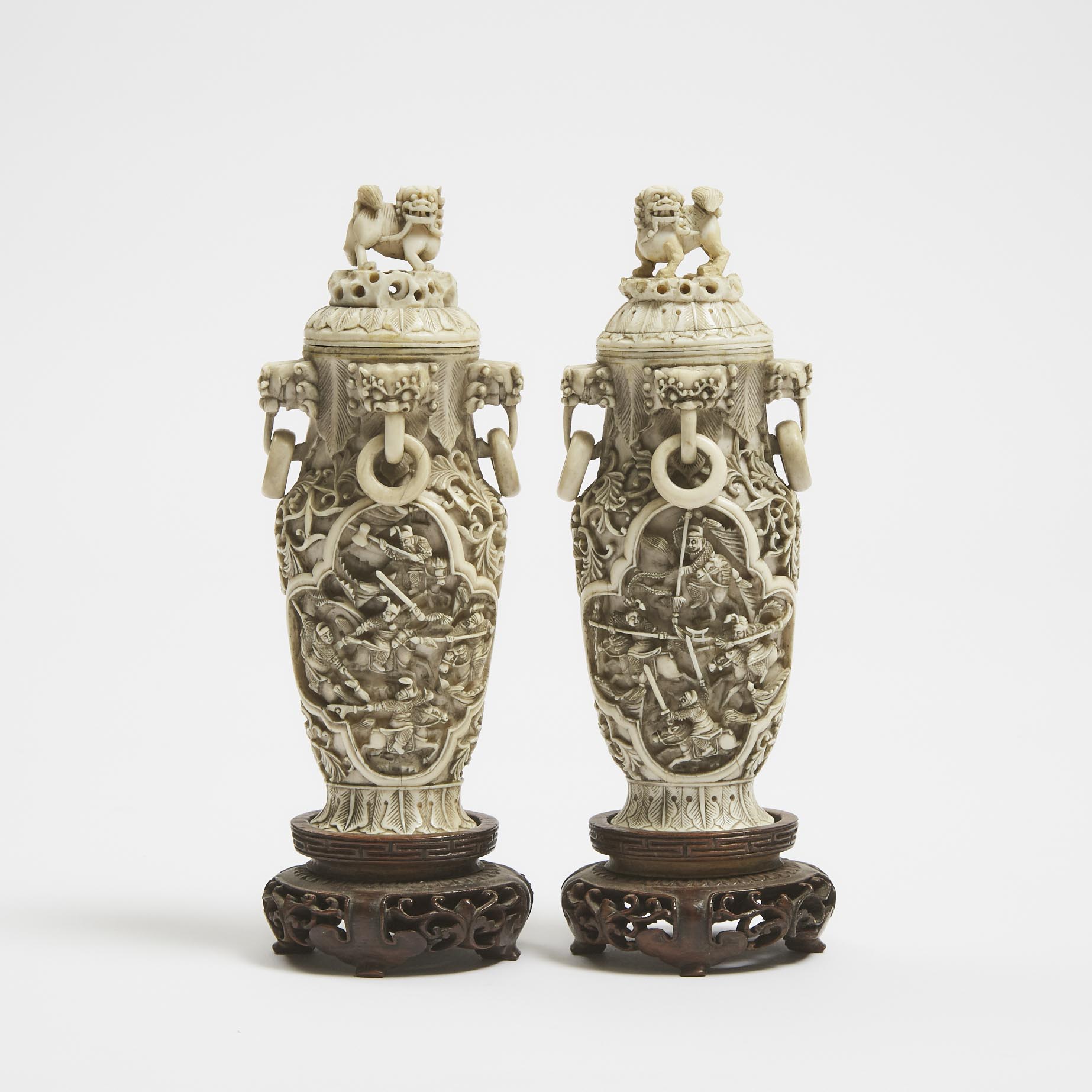 A Pair of Chinese Carved Ivory Vases and Covers, Circa 1900