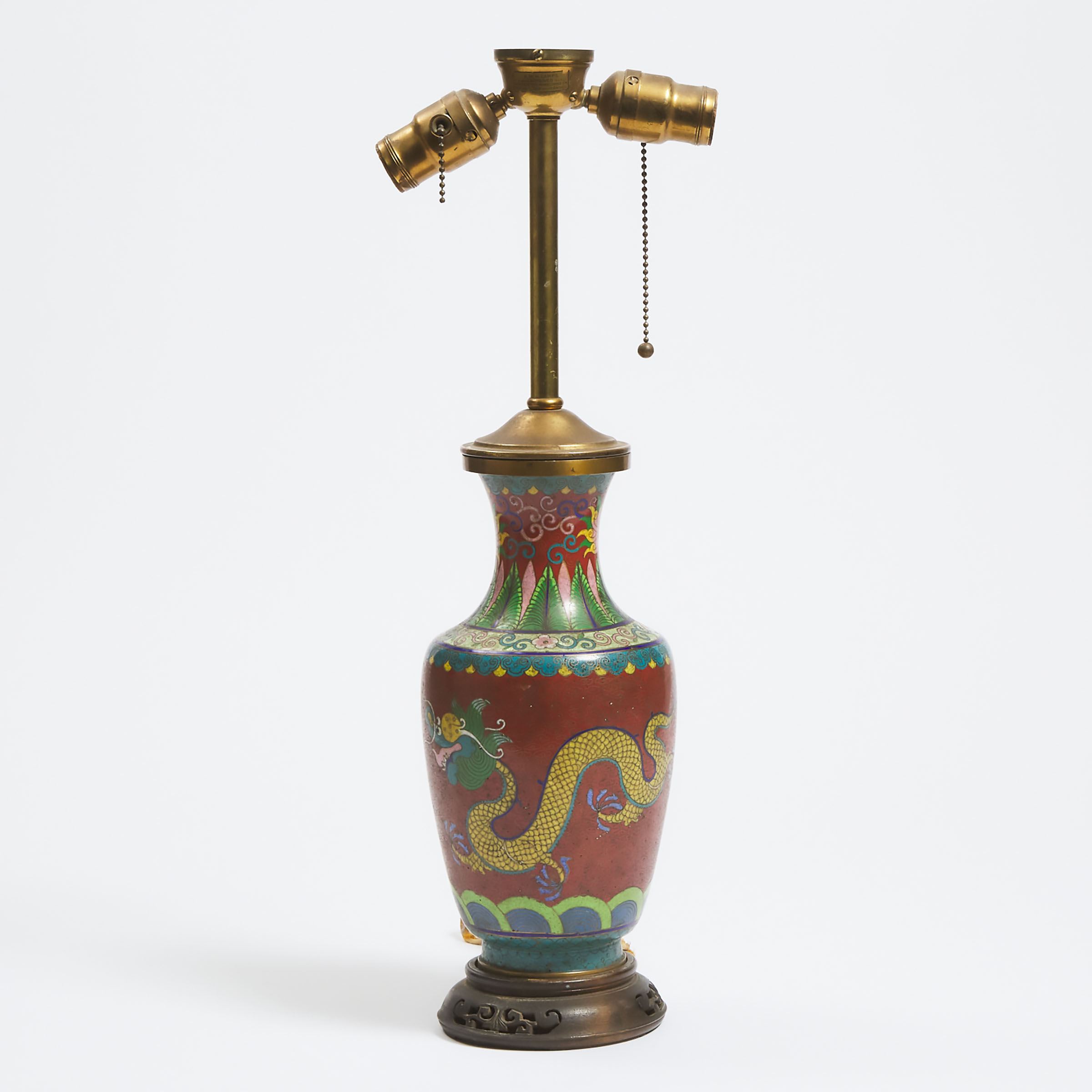 A Chinese Cloisonné 'Dragon Chasing Flaming Pearl' Mounted Lamp, Late 19th Century 