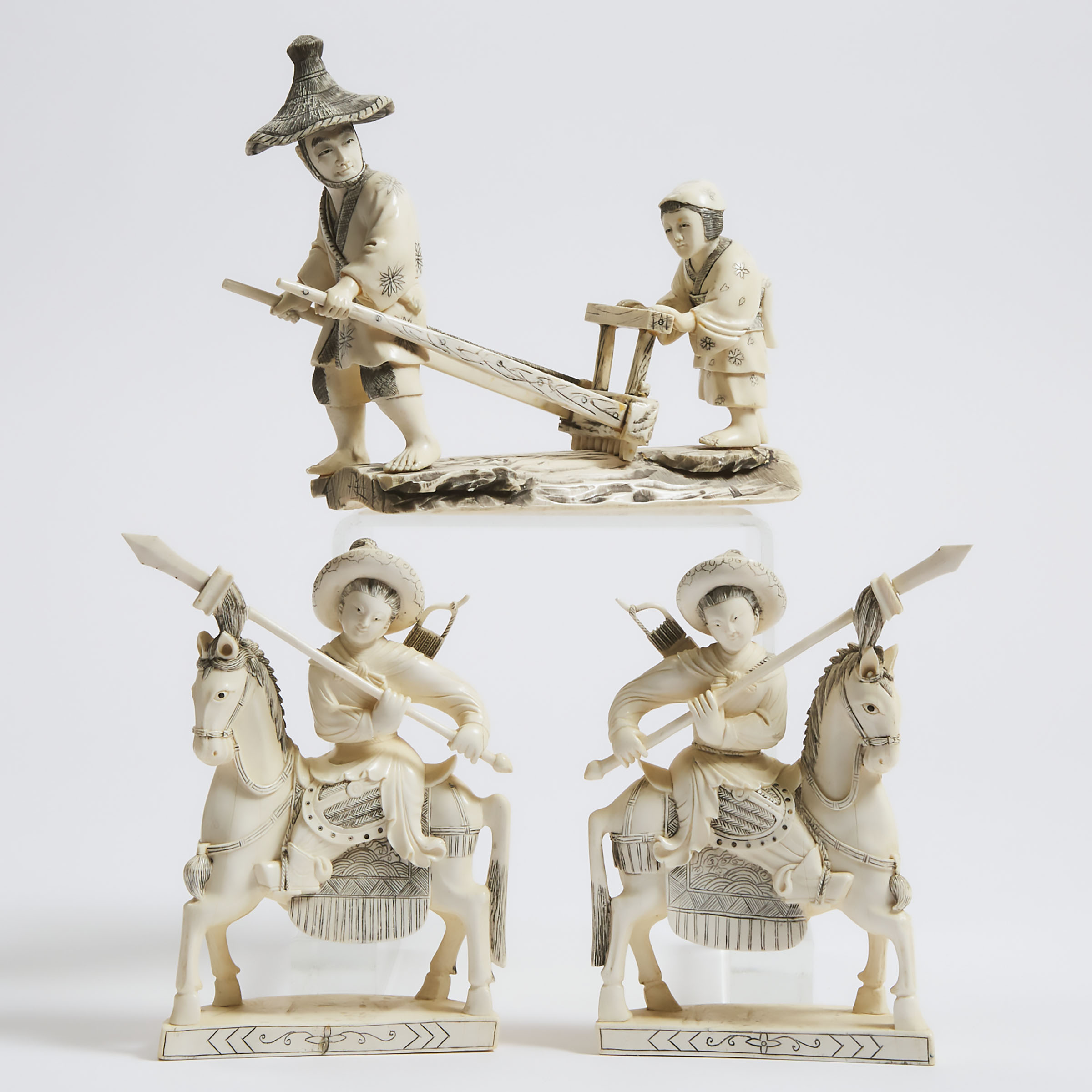 A Pair of Ivory Warriors on Horseback, Together With an Ivory Farming Group, Mid 20th Century