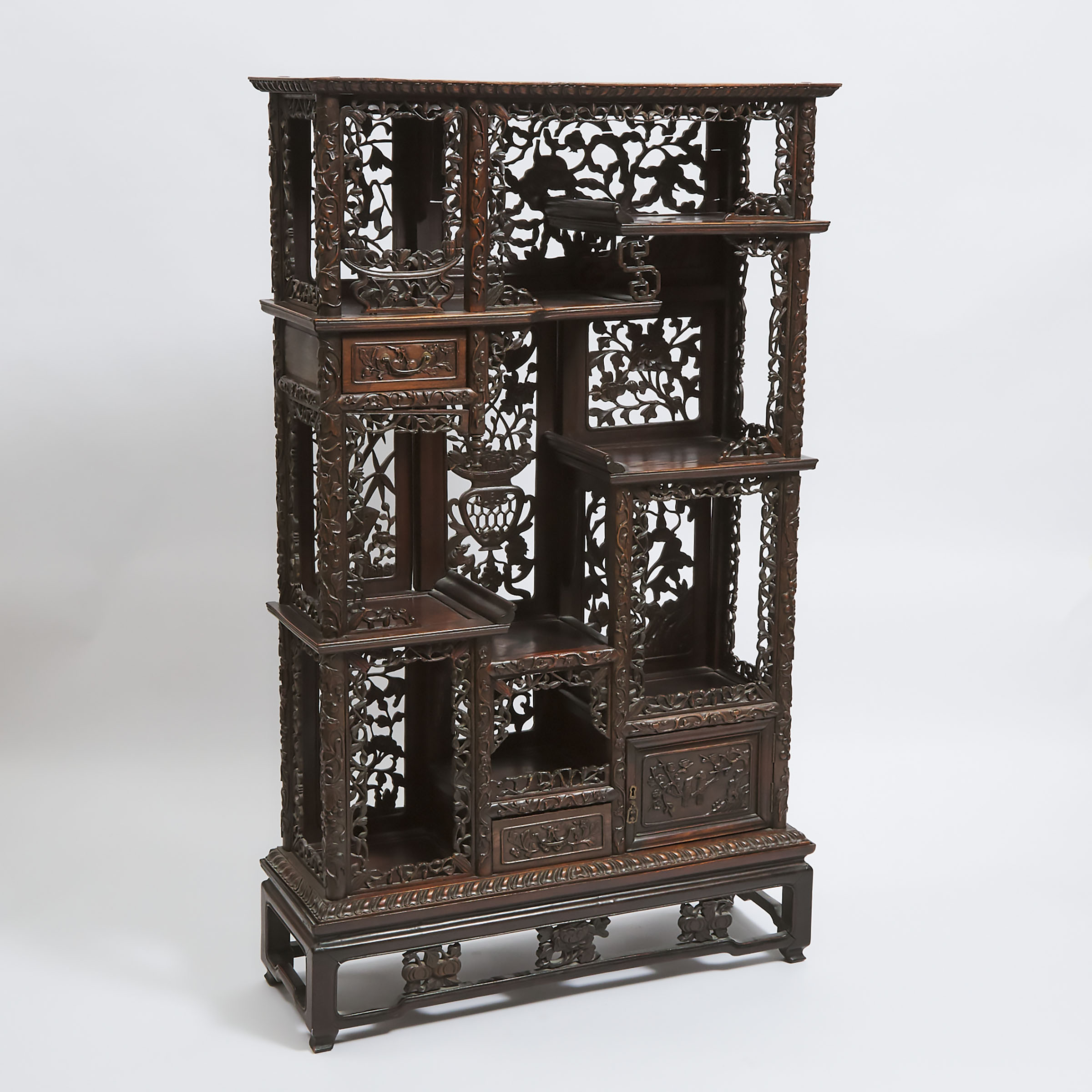 A Chinese Export Carved Rosewood 'Curio' Display Cabinet, Early 20th Century