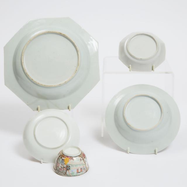 A Chinese Export Famille Rose 'Figural' Cup and Saucer, Together With Three Dishes, 18th/19th Century