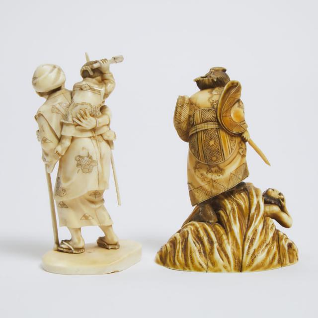 Two Fine Ivory Okimono of Shoki Hunting Oni and an Old Man and Child, Meiji Period (1868-1912) 