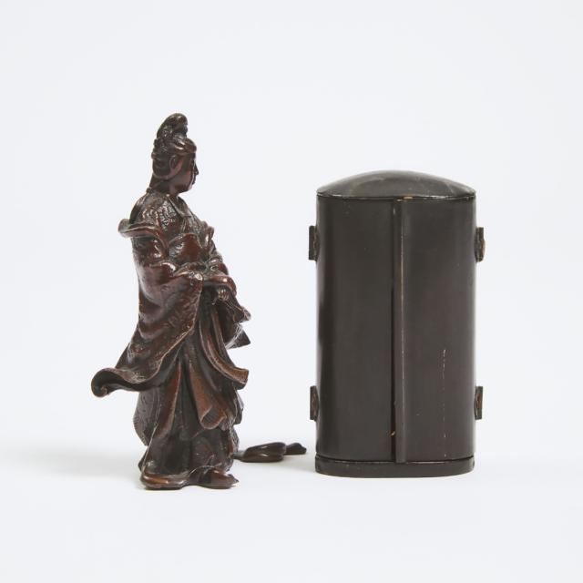 A Miniature Portable Zushi (Portable Shrine) With Kannon (Avalokiteshvara), Together With a Bronze Okimono/Scroll Weight of a Chinese Lady, Early to Mid 20th Century