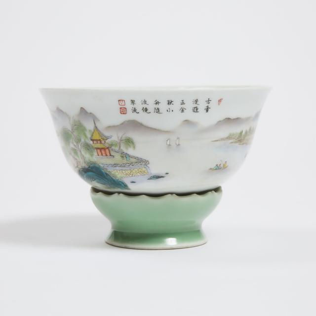 A Rare Famille Rose 'Revolving Landscape' Bowl and Stand, Qianlong Mark, Republican Period