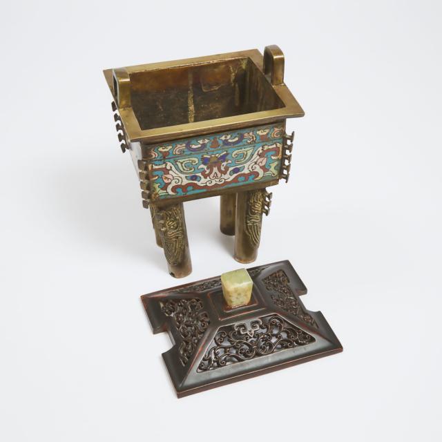 A Cloisonné Enamel Rectangular Censer and Cover, Fangding, Late 19th Century