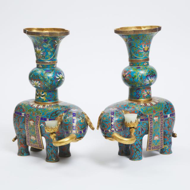 A Pair of Cloisonné Enamel Elephants With Jade Cups, Early to Mid 20th Century