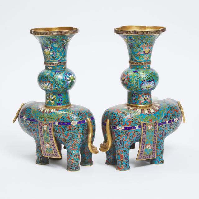 A Pair of Cloisonné Enamel Elephants With Jade Cups, Early to Mid 20th Century