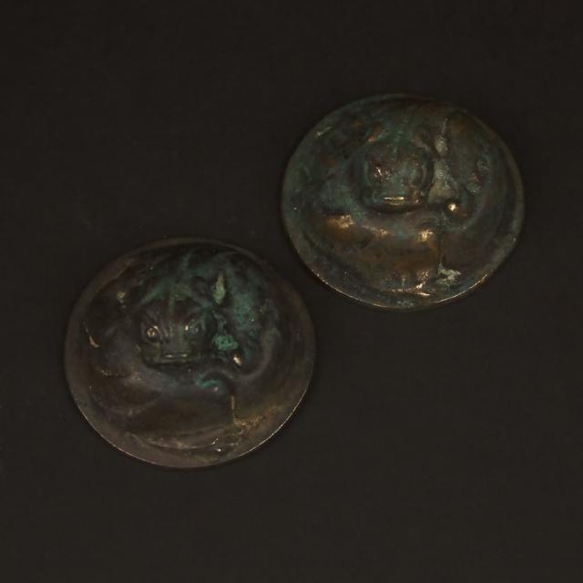 A Pair of Bronze Circular Mat Weights, Han Dynasty
