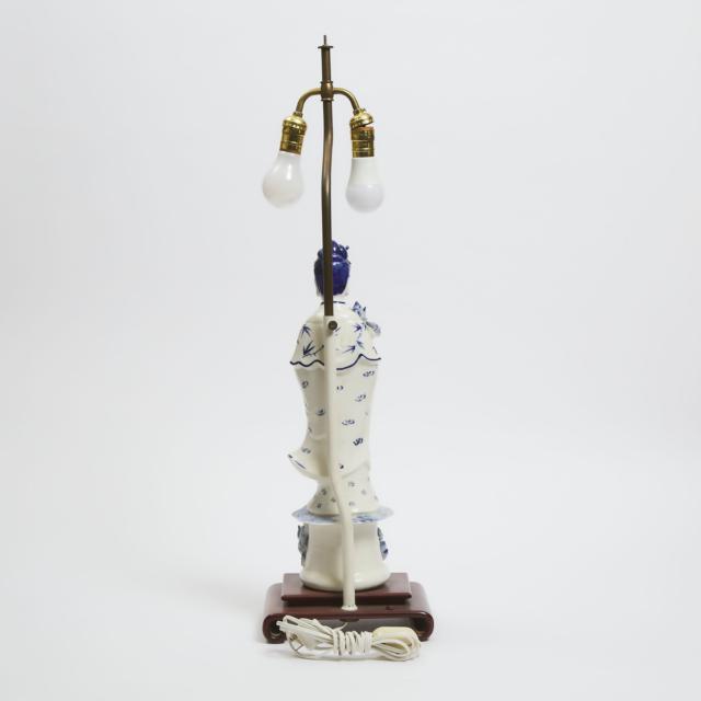 A Blue and White Porcelain Figure of Guanyin Mounted as a Lamp, 20th Century