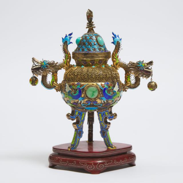 A Cloisonné Tripod Censer and Cover With Jadeite and Turquoise Inlays, Mid 20th Century