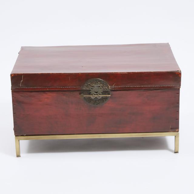 A Chinese Red Lacquered Pigskin Leather Wrapped Wood Chest, Late 19th/Early 20th Century