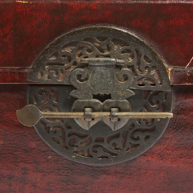 A Chinese Red Lacquered Pigskin Leather Wrapped Wood Chest, Late 19th/Early 20th Century