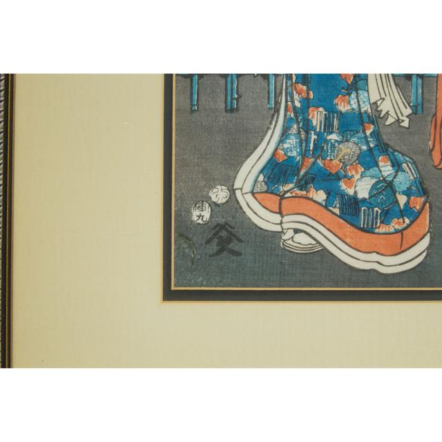 Utagawa Kunisada (Toyokuni III, 1786-1865), Utagawa Kuniyoshi (1798-1861), Two Prints of Beauties With Sixteen Arhats, A Triptych of Figures Amongst Cherry Blossoms, and a Print of a Beauty