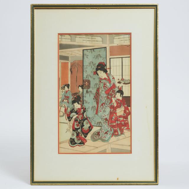 Utagawa Kunisada (Toyokuni III, 1786-1865), Utagawa Kuniyoshi (1798-1861), Two Prints of Beauties With Sixteen Arhats, A Triptych of Figures Amongst Cherry Blossoms, and a Print of a Beauty