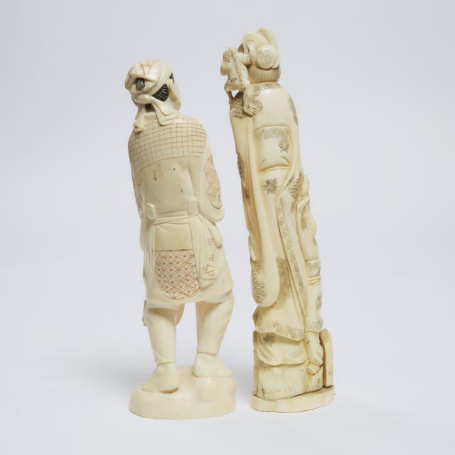 Two Ivory Okimono of a Fisherman and an Immortal, Early to Mid 20th Century