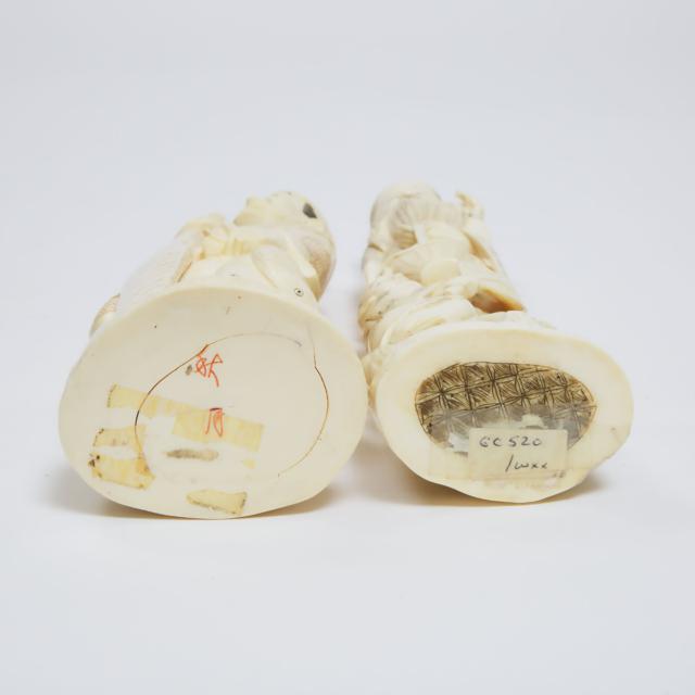 Two Ivory Okimono of a Fisherman and an Immortal, Early to Mid 20th Century