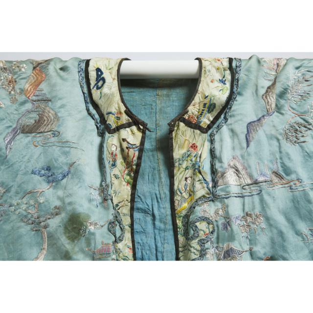 A Chinese Embroidered Blue Ground Silk Robe, Late Qing Dynasty, 19th Century