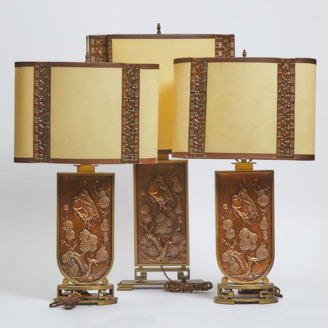 Three 'Albert Gilles' Art Deco/Mid-Century Modern Hammered Copper Lamps with Designs of Chinese Immortals