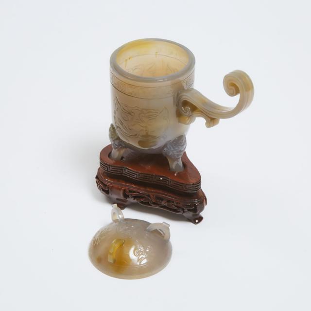 An Agate Tripod Vessel and Cover, Together With a Soapstone Seal, Mid 20th Century