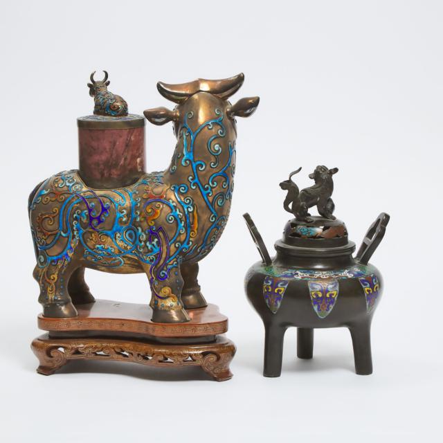 An Archaistic Enameled Bronze Buffalo-Form Vessel, Together With a Tripod Censer, Republican Period