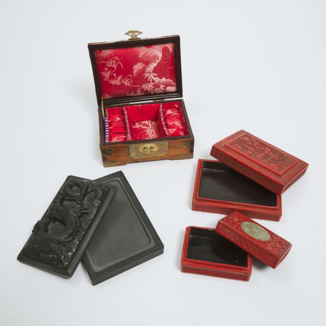 Two Cinnabar Lacquer Boxes, Together With a Hardstone-Inset Wood Box and an Inkstone