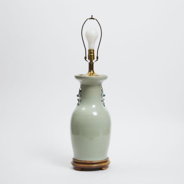 A Blue and White Celadon Ground Vase Lamp, 19th Century