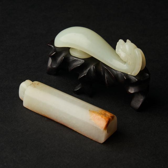 A White and  Russet Jade Plume Holder, Together With a White Jade Belt Hook, Qing Dynasty, 19th Century