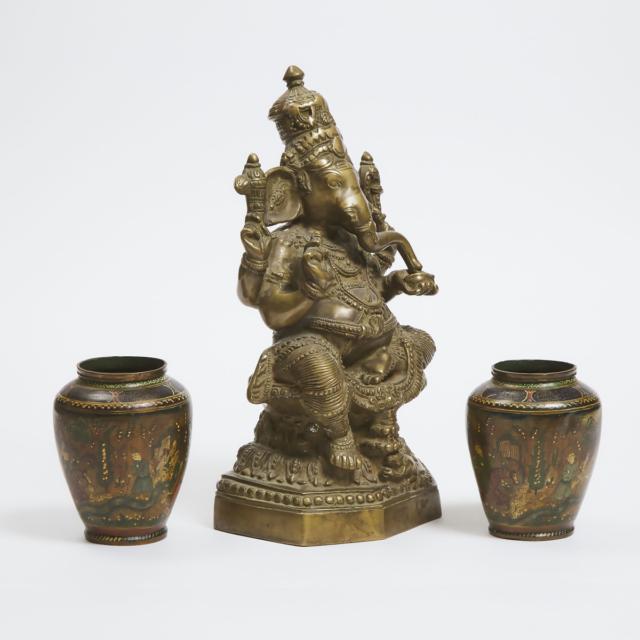 A Large Indian Bronze Figure of Ganesh, Together With a Pair of Persian Painted Copper Vessels, 19th/20th Century