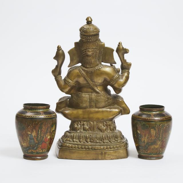A Large Indian Bronze Figure of Ganesh, Together With a Pair of Persian Painted Copper Vessels, 19th/20th Century