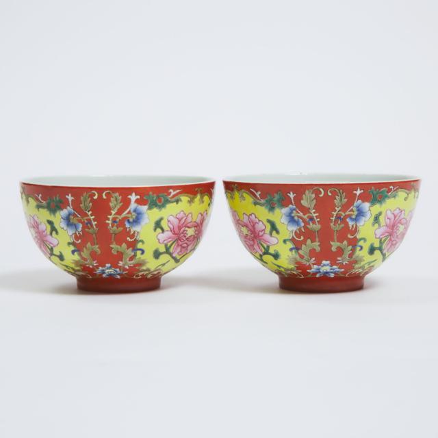 A Pair of Coral Ground Famille Rose 'Floral' Bowls, Daoguang Mark