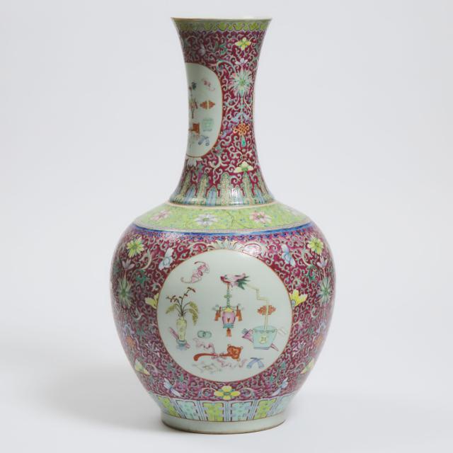A Large Ruby-Ground Famille Rose Bottle Vase, Qianlong Mark, Republican Period