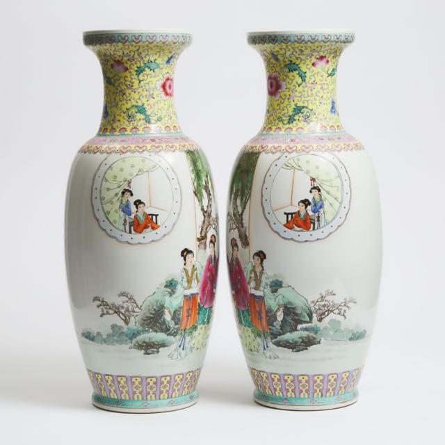 A Pair of Famille Rose 'Ladies' Vases, Mid 20th Century