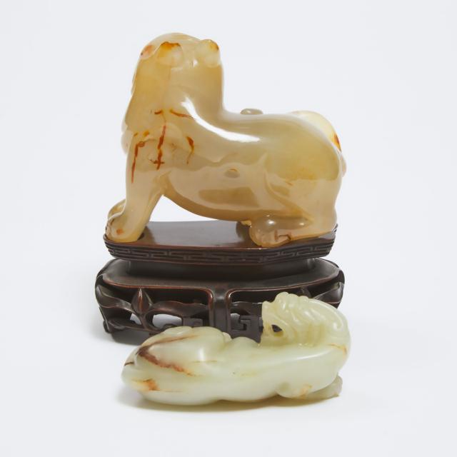 An Agate Carving of a Tiger, Together With a White and Russet Jade Carving of a Mythical Beast, Republican Period and Later