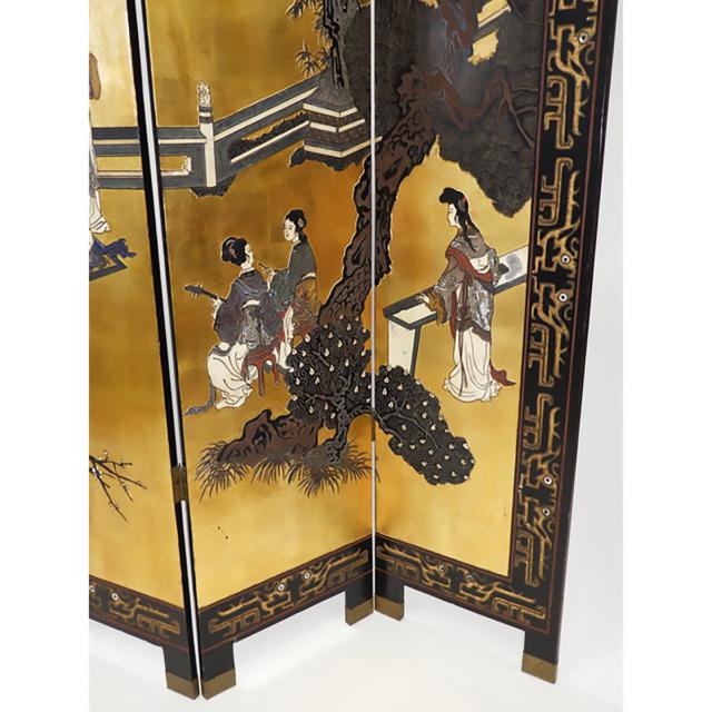 A Gold-Painted and Lacquered Four-Panel Floor Screen, Mid 20th Century