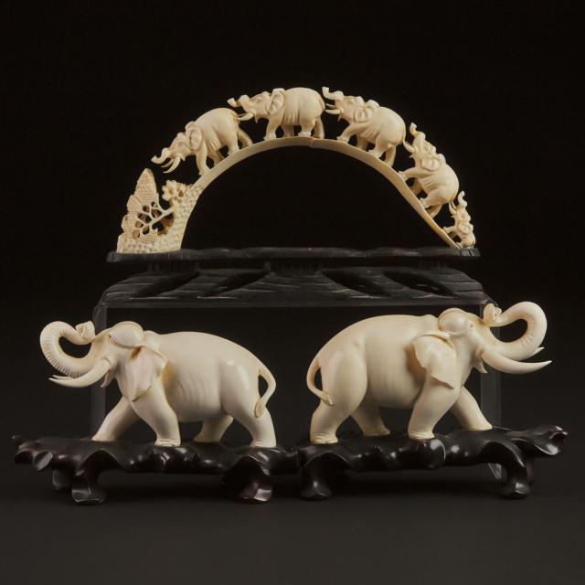 A Pair of Ivory Figures of Elephants, Together With a Tusk-Form Procession, Early to Mid 20th Century