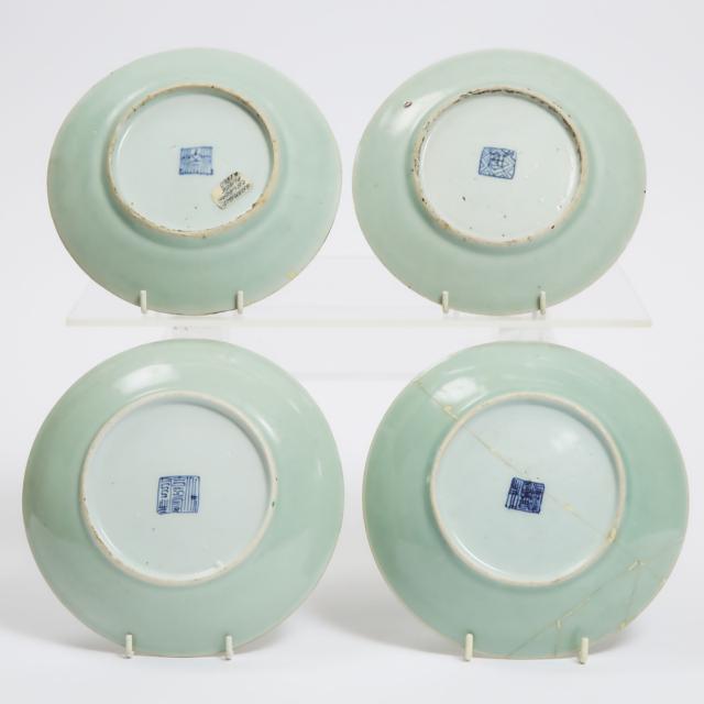 Two Pairs of Celadon Ground Famille Rose Dishes, Late 19th Century