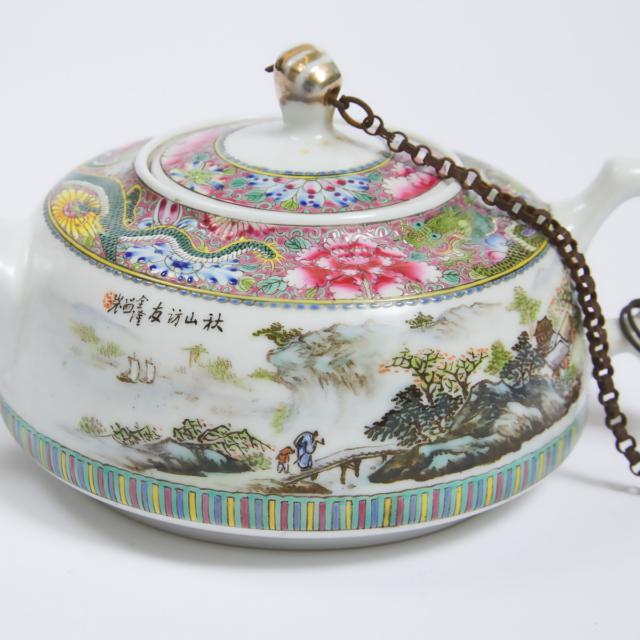 A Well-Painted Famille Rose Teapot and Cover, Jiangxi Jingdezhen Chupin Mark, Dated 1954