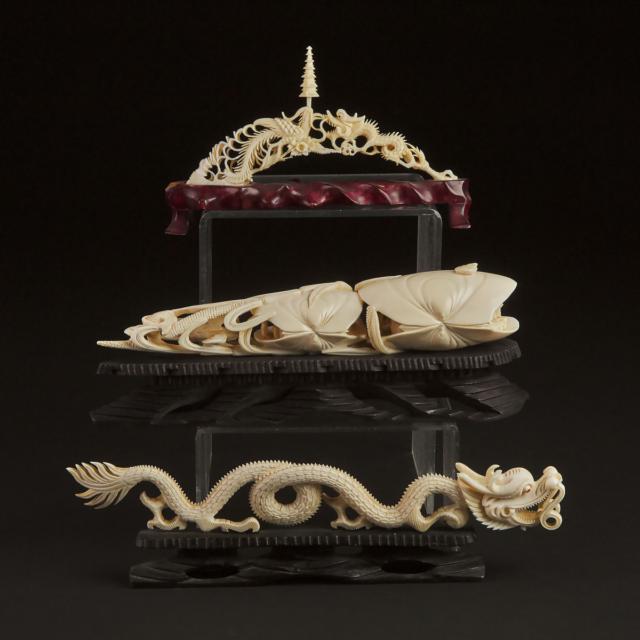 An Ivory 'Landscape' Clam Shell, Together With a Small Tusk-Form Carving and a Dragon Carving, 20th Century