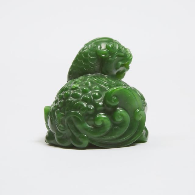 A Spinach Jade Carving of a Bixie, Qianlong Qingwan Mark