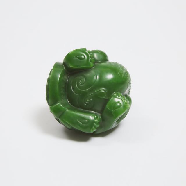 A Spinach Jade Carving of a Bixie, Qianlong Qingwan Mark