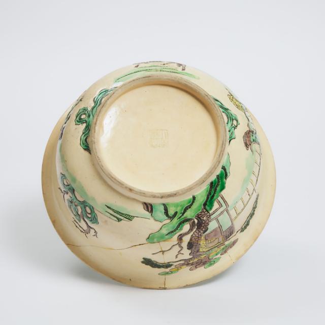 A Famille Verte Biscuit Moulded Bowl, Kangxi Mark and Possibly of the Period
