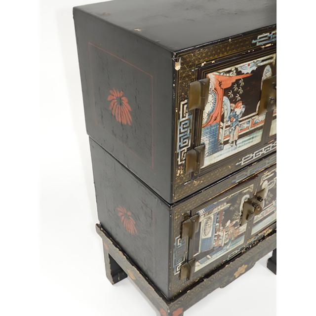A Chinese Painted and Lacquered Three-Section Cabinet, Late 19th/Early 20th Century