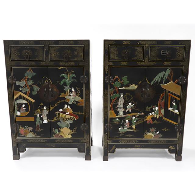 A Pair of Chinese Hardstone Inlaid Black Lacquer Cabinets, Early to Mid 20th Century